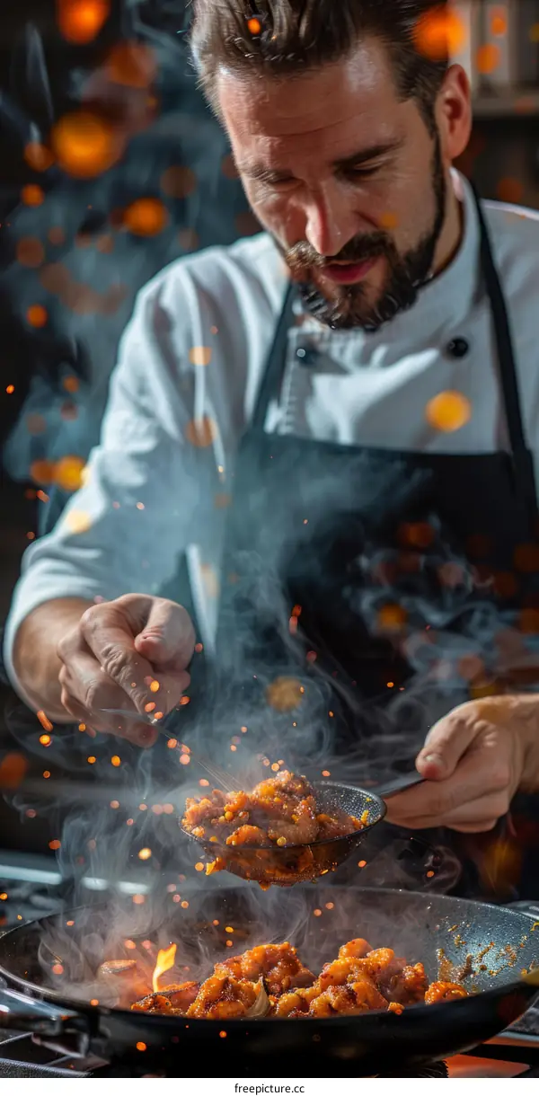 Stir-frying in a hot pan with flames