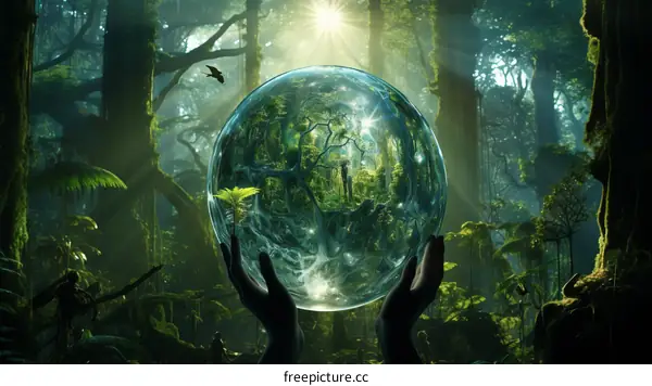 Hands holding a crystal ball reflecting a lush green forest with a blue sky and a bright sun