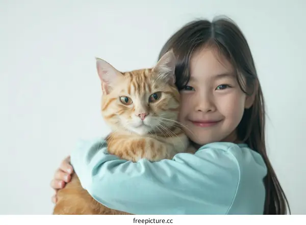A young girl hugging an orange cat