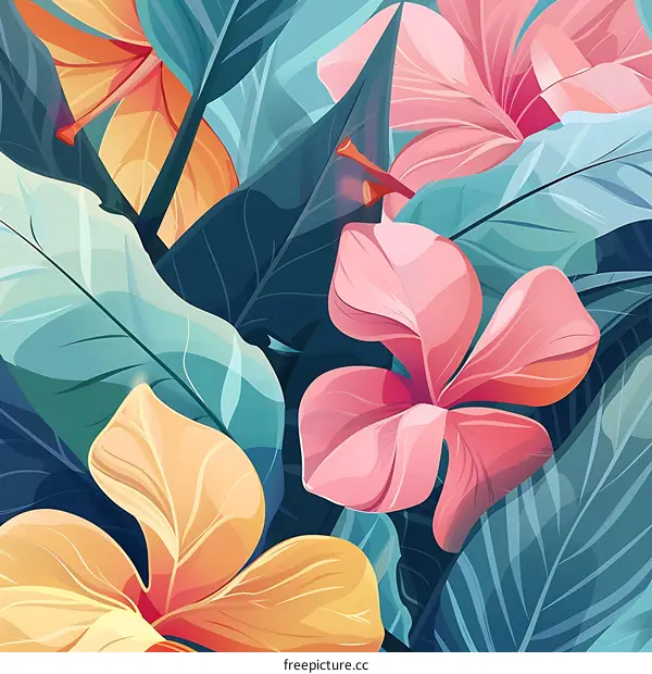 Tropical Flower and Leaves Illustration