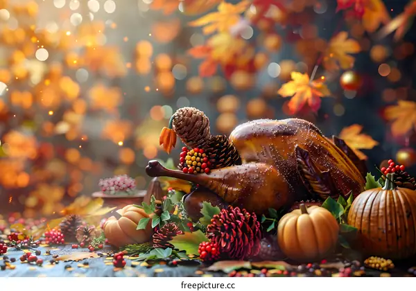 Thanksgiving dinner with roasted turkey, pumpkins, and fall leaves.