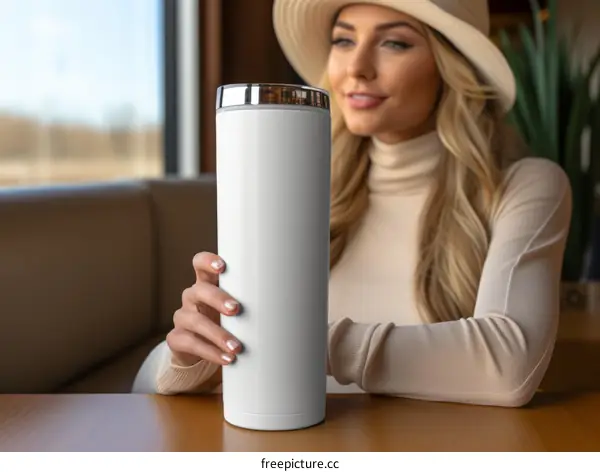Smiling blonde woman in tan turtleneck and white hat holding a white mug