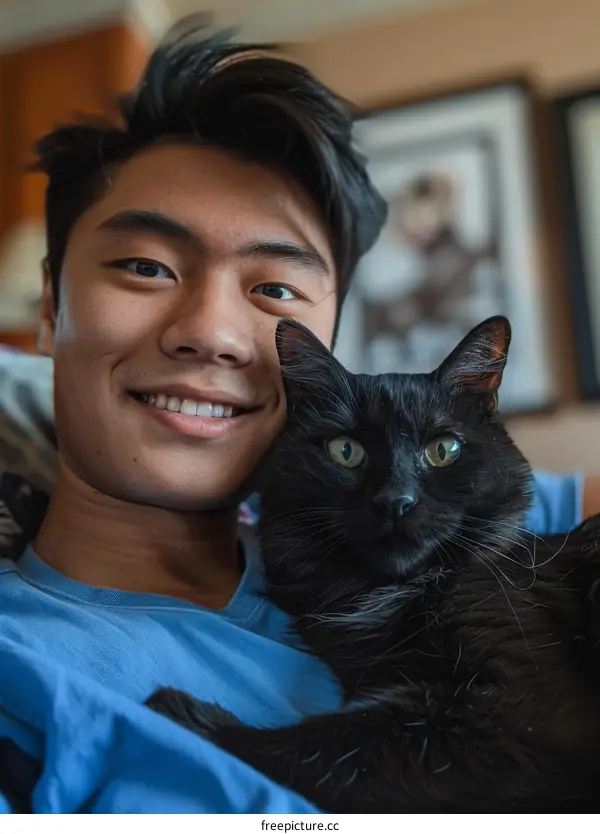 A young Asian man is smiling and hugging a black cat.