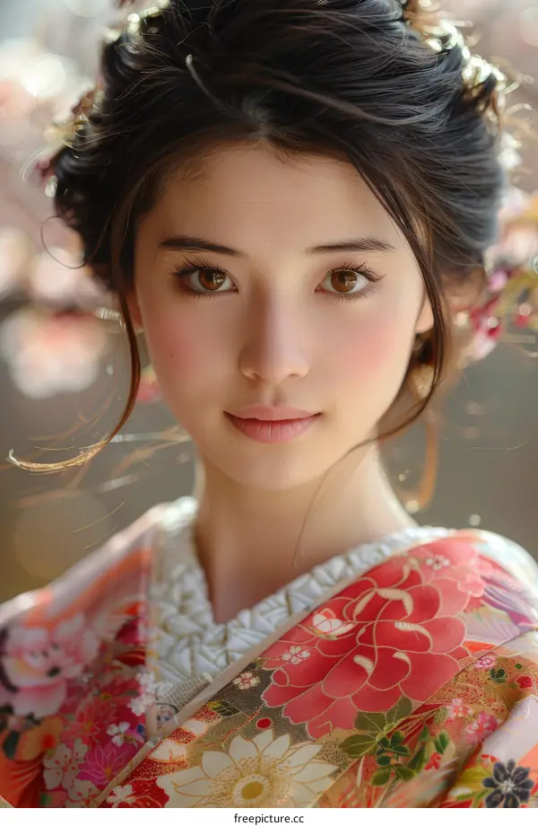 Portrait of a beautiful Asian woman in traditional Japanese kimono