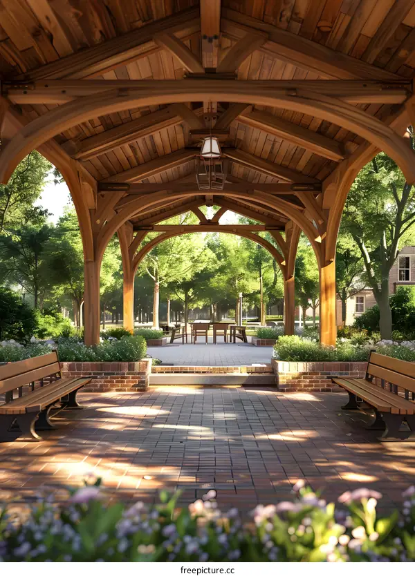 Wooden Pergola with Brick Benches and Stone Floor