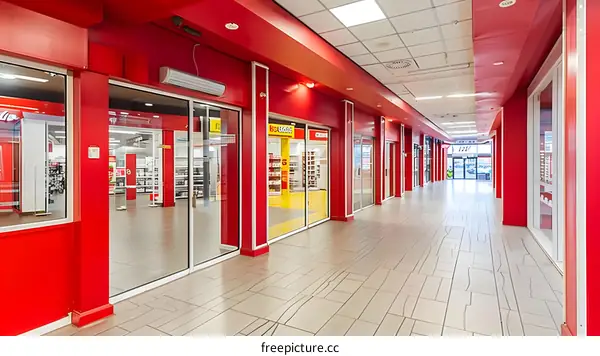Red Wall Interior of a Shopping Mall Corridor