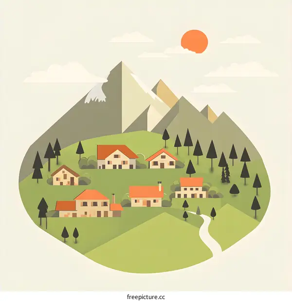 Mountain Village Illustration with Houses, Trees and a River