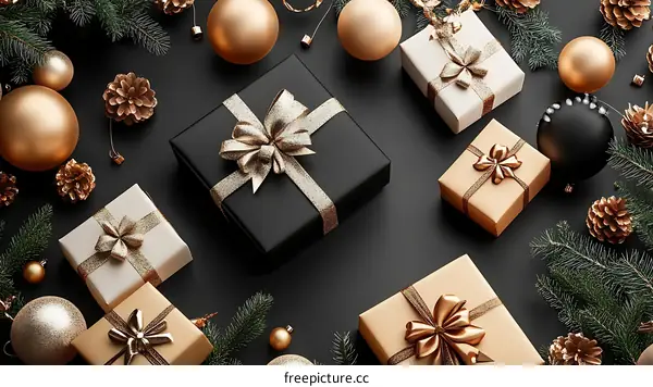 Christmas Gift Boxes and Decorations on Black Background