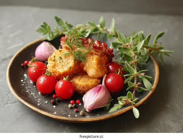 Delicious Fried Octopus and Vegetables on a Dark Plate