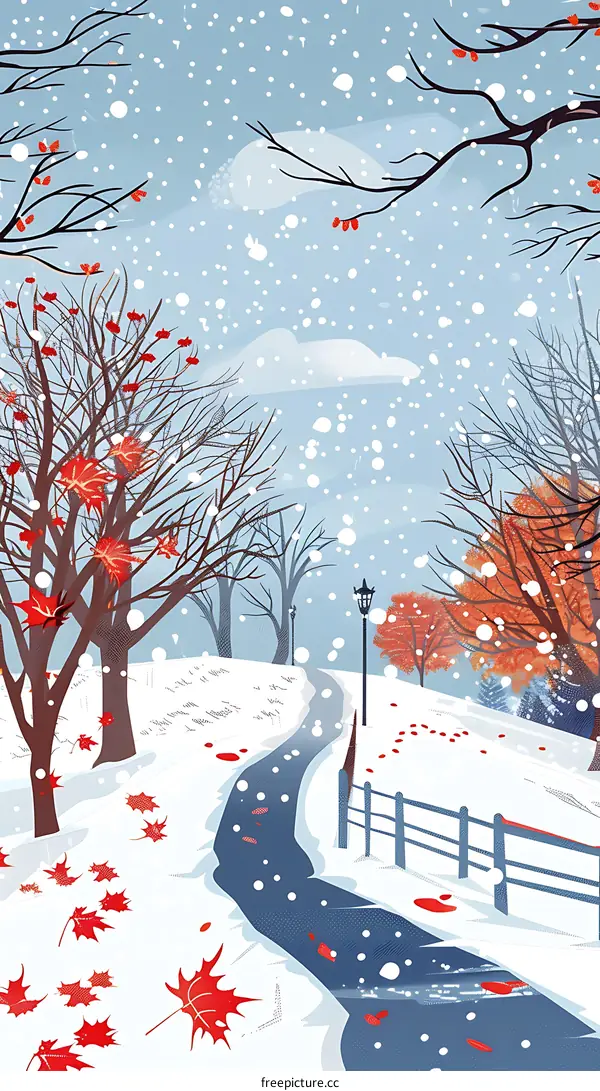 Winter Landscape with Red Leaves and a Creek