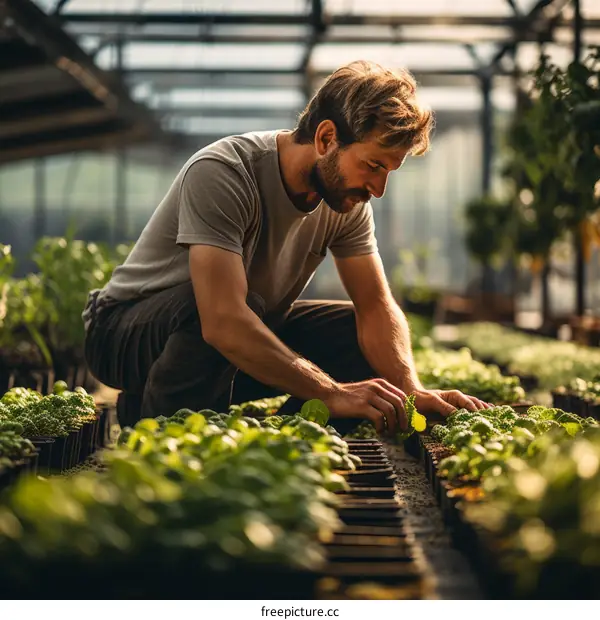 Male farmer checking on his plants in a greenhouse