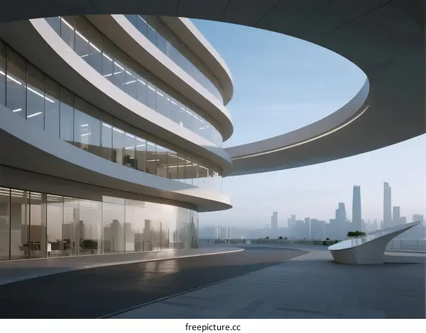 Modern Curved Skyscraper with Glass Facade and Urban Skyline