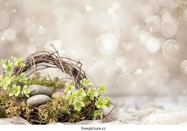 Green Plant Wreath with Stones and Bokeh Background
