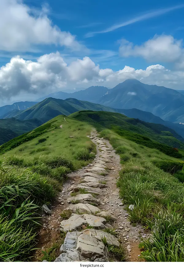 Mountain Trail Winding Through Lush Green Landscape with Blue Sky and Clouds