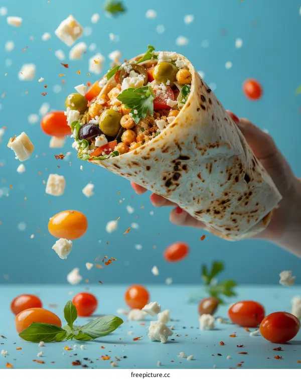 A hand holding a wrap with falafel, vegetables and cheese
