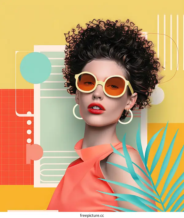 Woman with Curly Hair Wearing Sunglasses in a Retro Style Collage