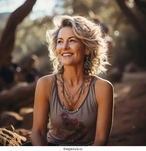 Portrait of a smiling blonde woman in a gray tank top sitting on a rock in the woods