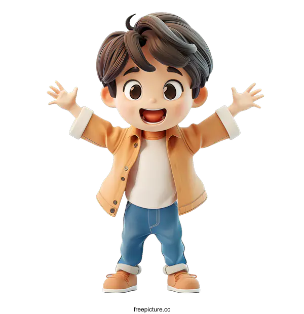 [Transparent Background PNG]Cute cartoon boy with brown hair and blue eyes wearing a brown jacket and blue jeans standing with arms raised in the air
