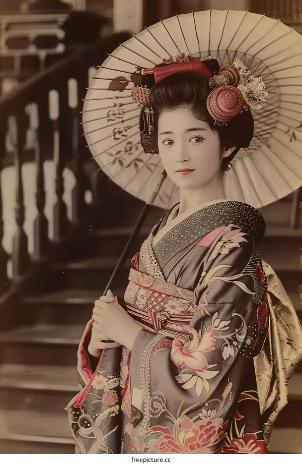 A Japanese woman in traditional clothing holding an umbrella