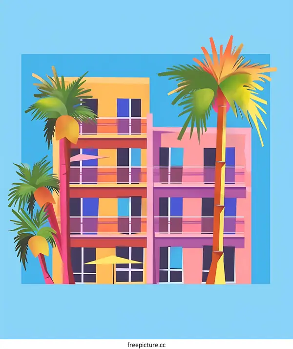 Tropical Building with Palm Trees Illustration