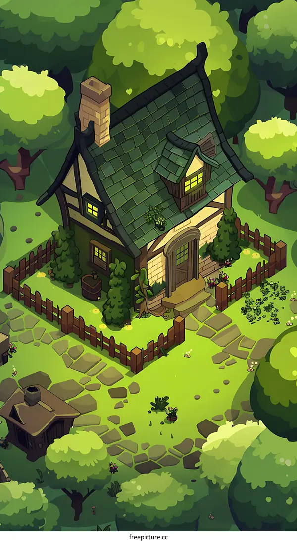 Cartoon Cottage House in a Green Forest