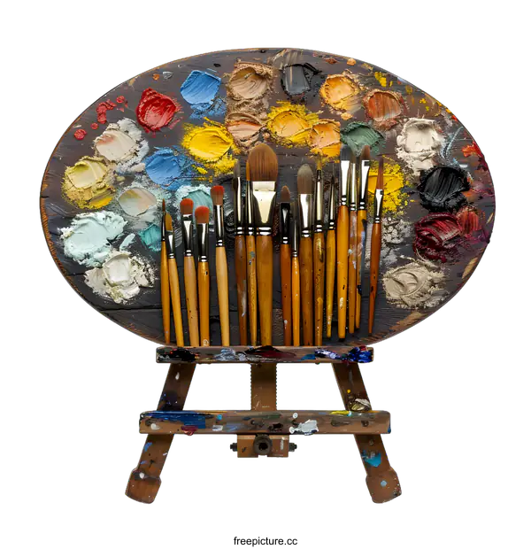 [Transparent Background PNG]An assortment of paintbrushes rest on a wooden easel in front of a white background
