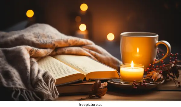 Reading Nook with Cozy Book, Tea, and Candle