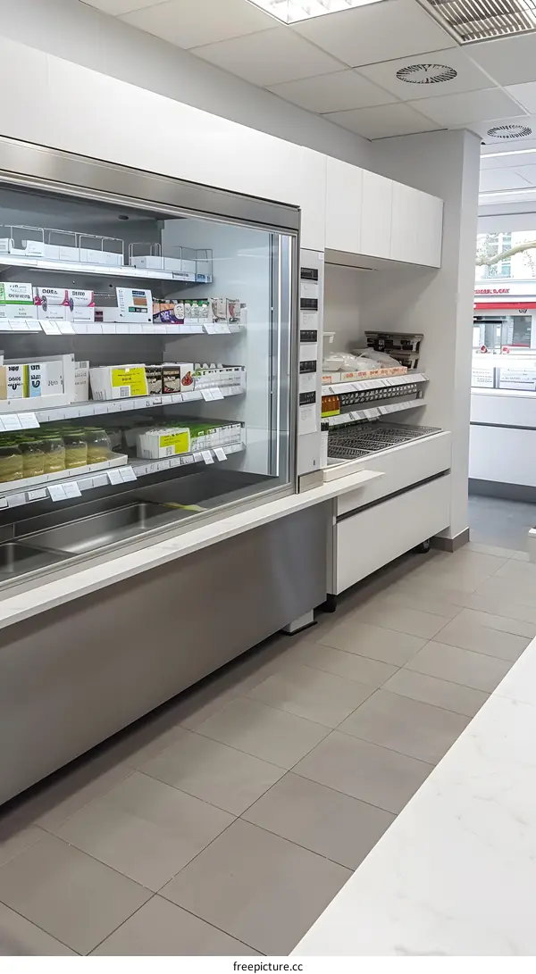 Modern White Retail Store Interior with Glass Refrigerator Display