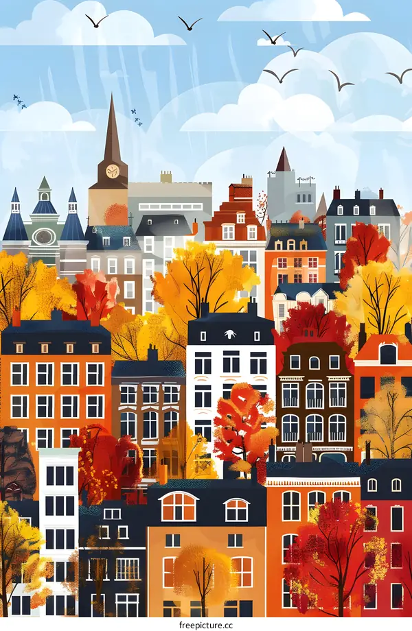 Autumn Cityscape with Colorful Buildings and Trees