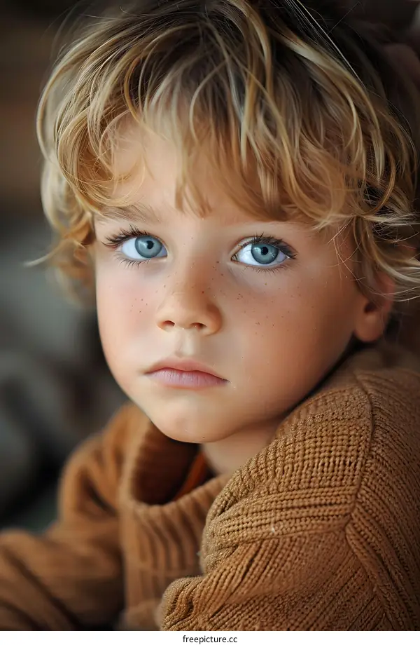 Portrait of a cute caucasian boy with blue eyes and freckles