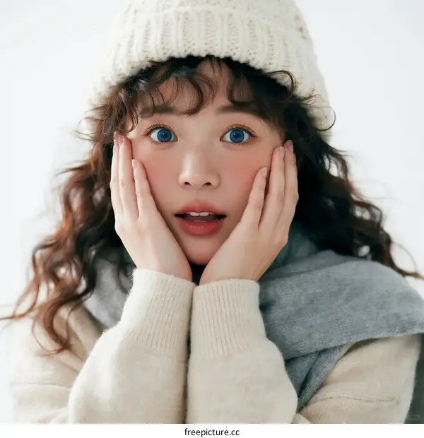 A Young Woman with Curly Hair Wearing Winter Clothing and Looking Surprised