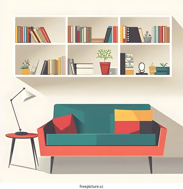 Modern Living Room Interior Design with Sofa and Bookshelf