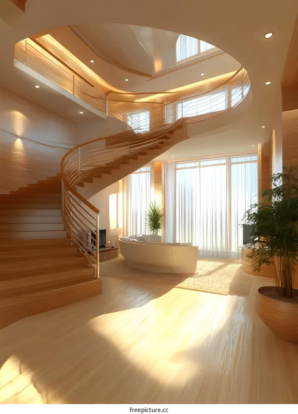 Modern Home Interior Design with Curved Staircase and Large Windows