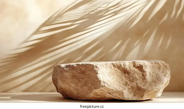 Beige Stone Product Display Against Beige Background with Palm Leaf Shadows