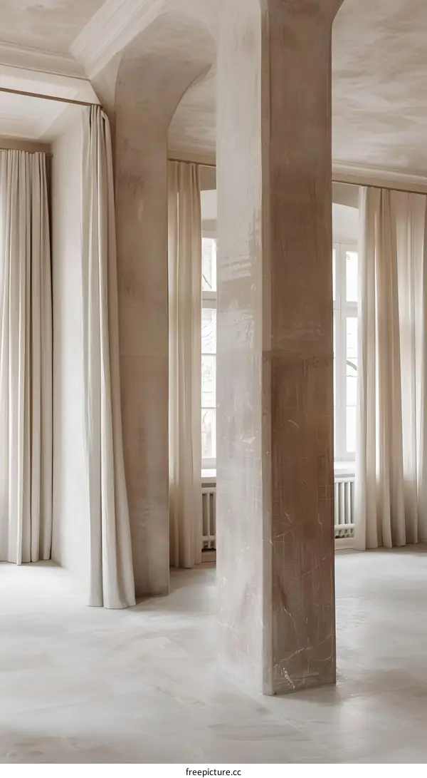 Minimalist Interior Design with Concrete Pillar and White Curtains