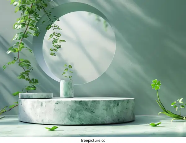 Green Marble Podium with Circular Window and Plants