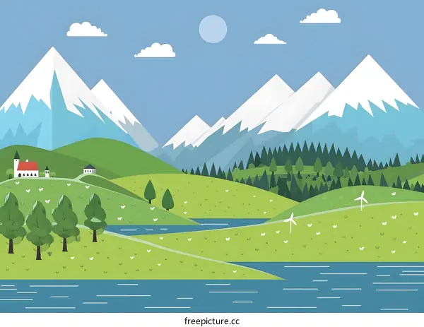 Flat Design Landscape Illustration With Mountains And Lake