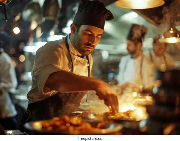 Focused male chef cooking in a busy restaurant kitchen