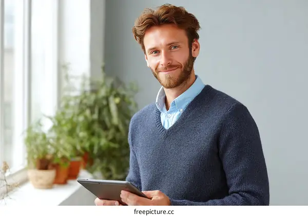A Young Man Standing Indoors Holding a Digital Tablet