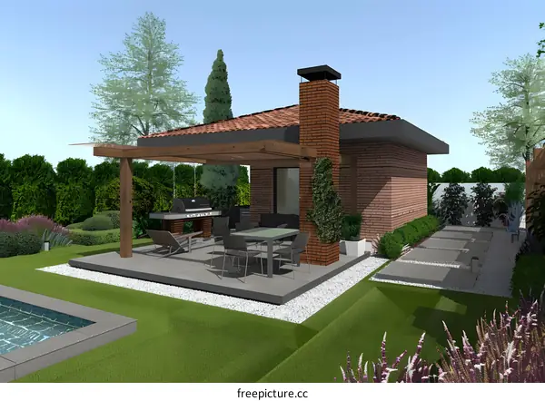 Modern Backyard Patio With Brick Wall and Pergola
