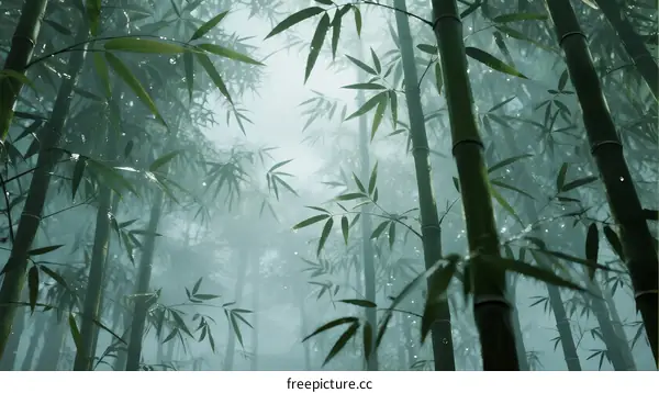Misty Bamboo Forest with Dewdrops on Green Leaves