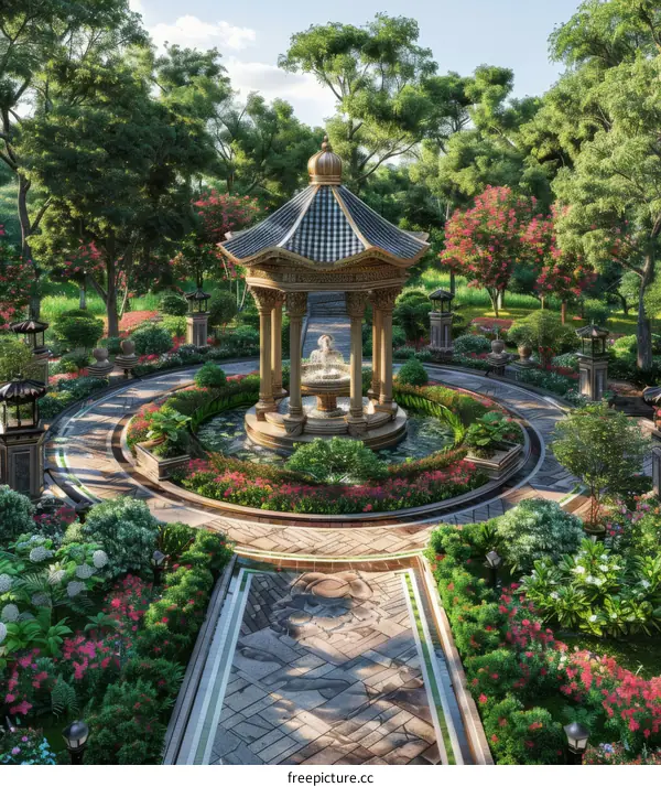 Traditional Chinese Courtyard with Gazebo and Fountain