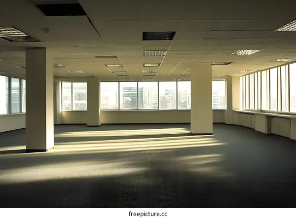 Empty Office Space with Large Windows and City Skyline View