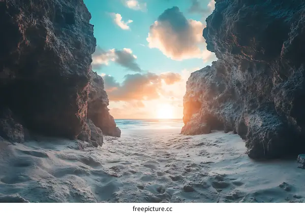 Sunset View Through Two Rocks On Beach