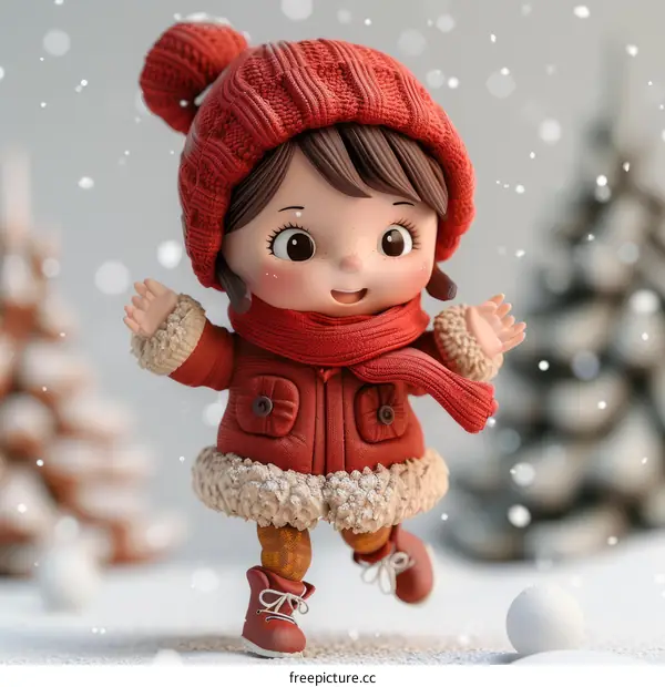Little Girl Wearing Red Coat and Hat in Snowy Forest