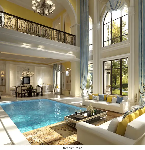 Luxury Home Interior Design with Indoor Pool and Balcony