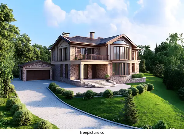 Luxury Stone House with Large Windows and Driveway