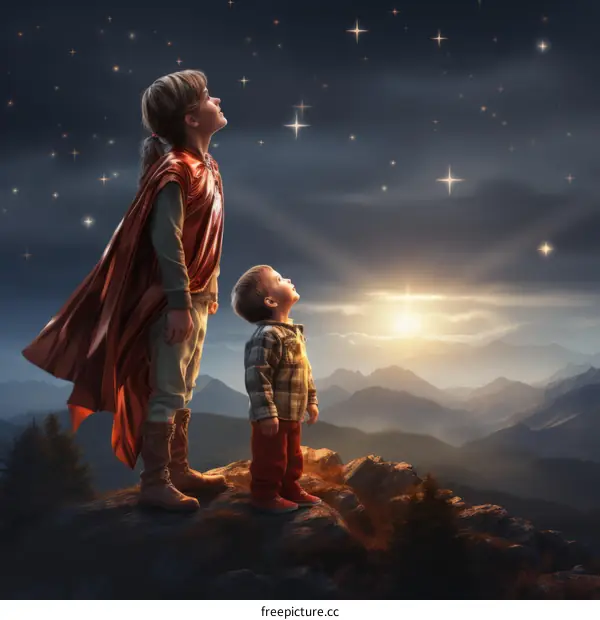 Two young children looking up at the night sky filled with stars