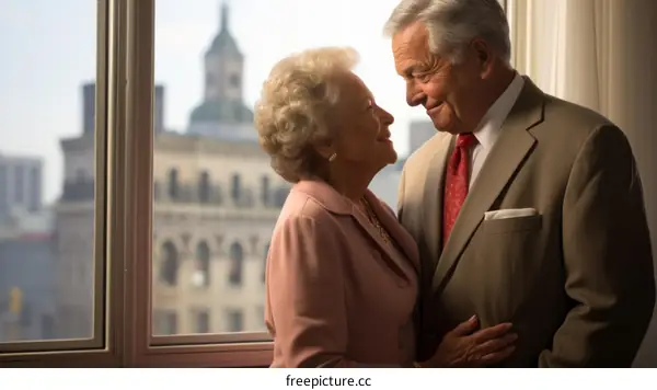 An elderly couple is standing in front of a window.