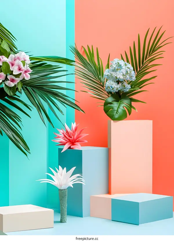 Tropical Summer Flowers with Pastel Colors and Geometric Shapes